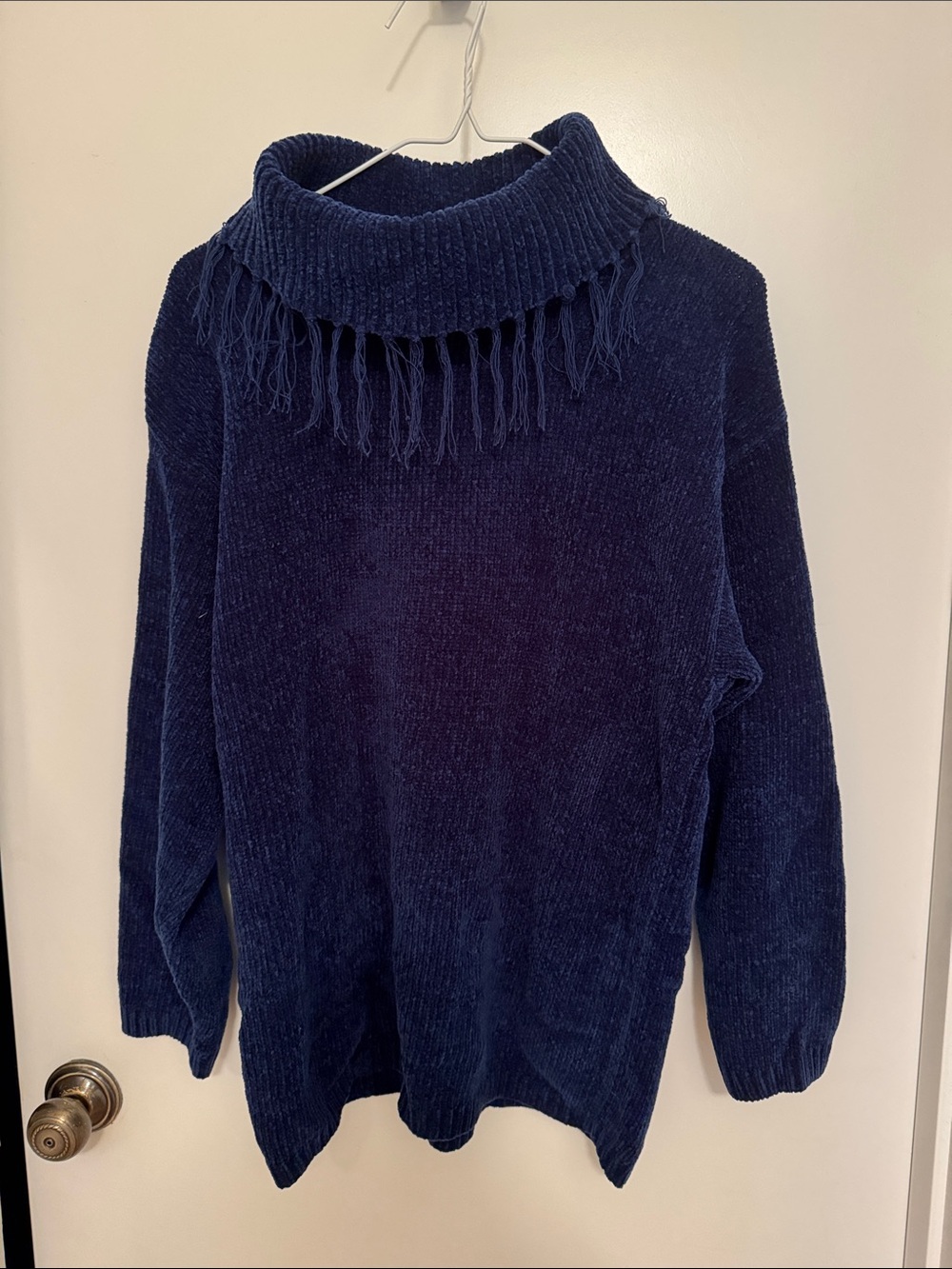 Rafaella Navy Blue Ribbed Fringe Turtleneck Sweater
